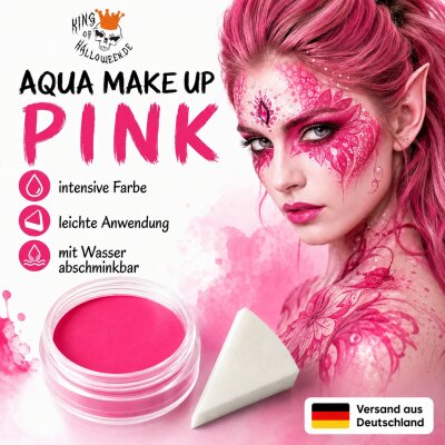 Premium Aquaschminke Pink 14 g mit passendem Schminkschwamm – wasseraktivierbare Gesichtsfarbe mit hoher Deckkraft für Halloween Make-up, Karneval, Fasching, Cosplay, Theater, Bühne, Gothic Look, Totenkopf, Skelett, Zombie, Hexe, Vampir, Teufel, Horror Ko