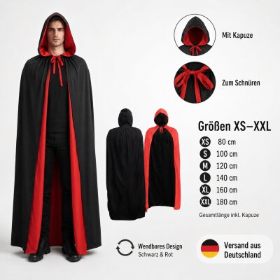 Premium Wendeumhang Rot/Schwarz mit Kapuze – Halloween Kostüm Cape aus 100% Polyester, Unisex XS–XXL für Vampir, Hexe, Zauberer, Rotkäppchen, Pestdoktor, Cosplay & Weihnachten