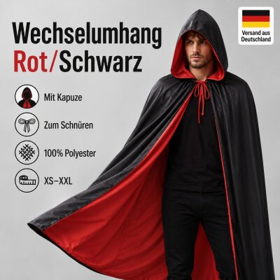Premium Wendeumhang Rot/Schwarz mit Kapuze – Halloween Kostüm Cape aus 100% Polyester, Unisex XS–XXL für Vampir, Hexe, Zauberer, Rotkäppchen, Pestdoktor, Cosplay & Weihnachten