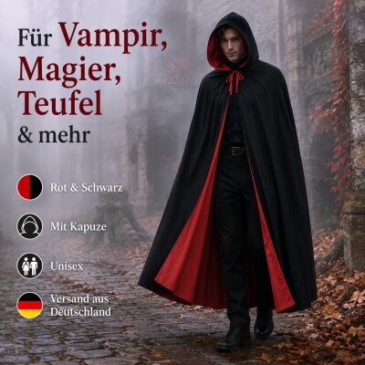 Premium Wendeumhang Rot/Schwarz mit Kapuze – Halloween Kostüm Cape aus 100% Polyester, Unisex XS–XXL für Vampir, Hexe, Zauberer, Rotkäppchen, Pestdoktor, Cosplay & Weihnachten