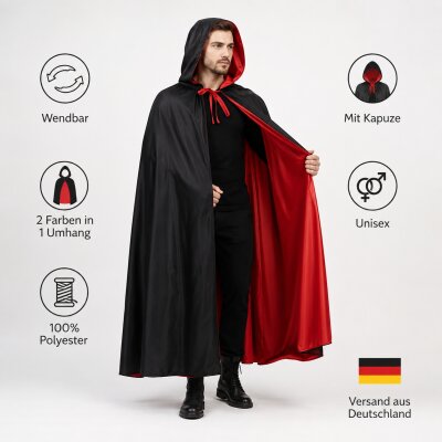 Premium Wendeumhang Rot/Schwarz mit Kapuze – Halloween Kostüm Cape aus 100% Polyester, Unisex XS–XXL für Vampir, Hexe, Zauberer, Rotkäppchen, Pestdoktor, Cosplay & Weihnachten