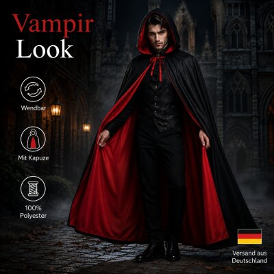 Premium Wendeumhang Rot/Schwarz mit Kapuze – Halloween Kostüm Cape aus 100% Polyester, Unisex XS–XXL für Vampir, Hexe, Zauberer, Rotkäppchen, Pestdoktor, Cosplay & Weihnachten