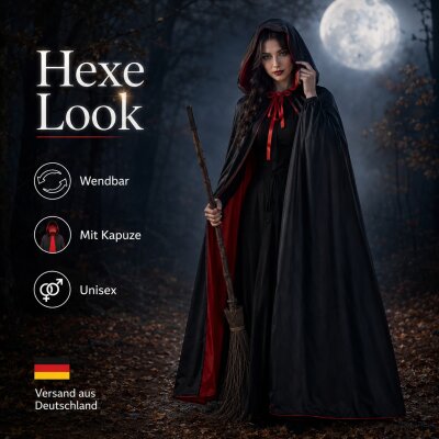 Premium Wendeumhang Rot/Schwarz mit Kapuze – Halloween Kostüm Cape aus 100% Polyester, Unisex XS–XXL für Vampir, Hexe, Zauberer, Rotkäppchen, Pestdoktor, Cosplay & Weihnachten