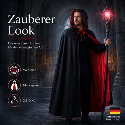 Premium Wendeumhang Rot/Schwarz mit Kapuze – Halloween Kostüm Cape aus 100% Polyester, Unisex XS–XXL für Vampir, Hexe, Zauberer, Rotkäppchen, Pestdoktor, Cosplay & Weihnachten