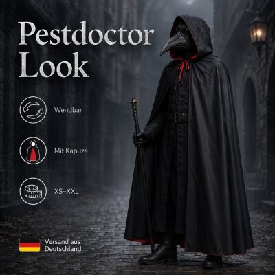 Premium Wendeumhang Rot/Schwarz mit Kapuze – Halloween Kostüm Cape aus 100% Polyester, Unisex XS–XXL für Vampir, Hexe, Zauberer, Rotkäppchen, Pestdoktor, Cosplay & Weihnachten