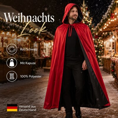 Premium Wendeumhang Rot/Schwarz mit Kapuze – Halloween Kostüm Cape aus 100% Polyester, Unisex XS–XXL für Vampir, Hexe, Zauberer, Rotkäppchen, Pestdoktor, Cosplay & Weihnachten