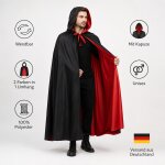 Premium Wendeumhang Rot/Schwarz mit Kapuze – Halloween Kostüm Cape aus 100% Polyester, Unisex XS–XXL für Vampir, Hexe, Zauberer, Rotkäppchen, Pestdoktor, Cosplay & Weihnachten