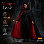 Premium Wendeumhang Rot/Schwarz mit Kapuze – Halloween Kostüm Cape aus 100% Polyester, Unisex XS–XXL für Vampir, Hexe, Zauberer, Rotkäppchen, Pestdoktor, Cosplay & Weihnachten
