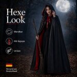 Premium Wendeumhang Rot/Schwarz mit Kapuze – Halloween Kostüm Cape aus 100% Polyester, Unisex XS–XXL für Vampir, Hexe, Zauberer, Rotkäppchen, Pestdoktor, Cosplay & Weihnachten