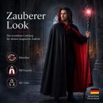 Premium Wendeumhang Rot/Schwarz mit Kapuze – Halloween Kostüm Cape aus 100% Polyester, Unisex XS–XXL für Vampir, Hexe, Zauberer, Rotkäppchen, Pestdoktor, Cosplay & Weihnachten