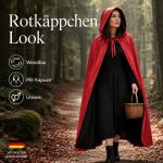 Premium Wendeumhang Rot/Schwarz mit Kapuze – Halloween Kostüm Cape aus 100% Polyester, Unisex XS–XXL für Vampir, Hexe, Zauberer, Rotkäppchen, Pestdoktor, Cosplay & Weihnachten