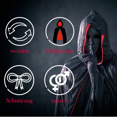 Premium Halloween Umhang S (100cm) wechsel Rot & Schwarz mit Kapuze für Vampire, Larp, Cosplay, Rotkäppchen ...