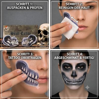 Skull Klebe-Tattoos – Realistischer Horror-Look für Halloween & Cosplay