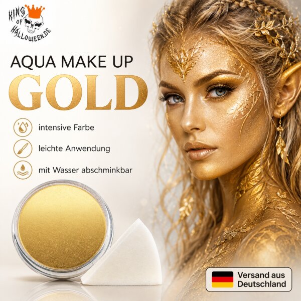 Premium Aquaschminke Gold 14 g mit passendem Schminkschwamm – wasseraktivierbare Gesichtsfarbe mit hoher Deckkraft für Halloween Make-up, Karneval, Fasching, Cosplay, Theater, Bühne, Gothic Look, Totenkopf, Skelett, Zombie, Hexe, Vampir, Teufel, Horror Ko