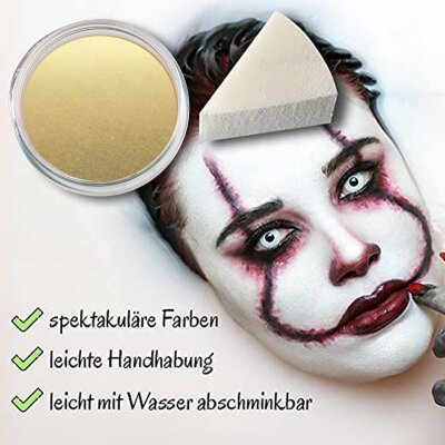 Premium Aquaschminke Gold 14 g mit passendem Schminkschwamm – wasseraktivierbare Gesichtsfarbe mit hoher Deckkraft für Halloween Make-up, Karneval, Fasching, Cosplay, Theater, Bühne, Gothic Look, Totenkopf, Skelett, Zombie, Hexe, Vampir, Teufel, Horror Ko