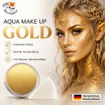Premium Aquaschminke Gold 14 g mit passendem Schminkschwamm – wasseraktivierbare Gesichtsfarbe mit hoher Deckkraft für Halloween Make-up, Karneval, Fasching, Cosplay, Theater, Bühne, Gothic Look, Totenkopf, Skelett, Zombie, Hexe, Vampir, Teufel, Horror Ko