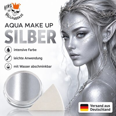 Premium Aquaschminke Silber 14 g mit passendem Schminkschwamm – wasseraktivierbare Gesichtsfarbe mit hoher Deckkraft für Halloween Make-up, Karneval, Fasching, Cosplay, Theater, Bühne, Gothic Look, Totenkopf, Skelett, Zombie, Hexe, Vampir, Teufel, Horror
