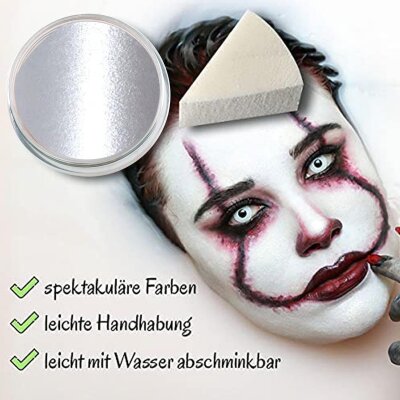 Premium Aquaschminke Silber 14 g mit passendem Schminkschwamm – wasseraktivierbare Gesichtsfarbe mit hoher Deckkraft für Halloween Make-up, Karneval, Fasching, Cosplay, Theater, Bühne, Gothic Look, Totenkopf, Skelett, Zombie, Hexe, Vampir, Teufel, Horror