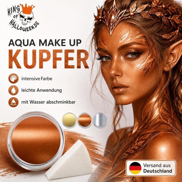 Premium Aquaschminke Kupfer 14 g mit passendem Schminkschwamm – wasseraktivierbare Gesichtsfarbe mit hoher Deckkraft für Halloween Make-up, Karneval, Fasching, Cosplay, Theater, Bühne, Gothic Look, Totenkopf, Skelett, Zombie, Hexe, Vampir, Teufel, Horror