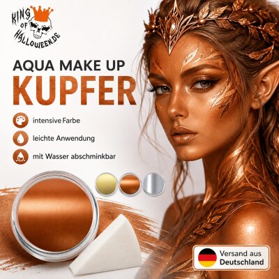 Premium Aquaschminke Kupfer 14 g mit passendem Schminkschwamm – wasseraktivierbare Gesichtsfarbe mit hoher Deckkraft für Halloween Make-up, Karneval, Fasching, Cosplay, Theater, Bühne, Gothic Look, Totenkopf, Skelett, Zombie, Hexe, Vampir, Teufel, Horror