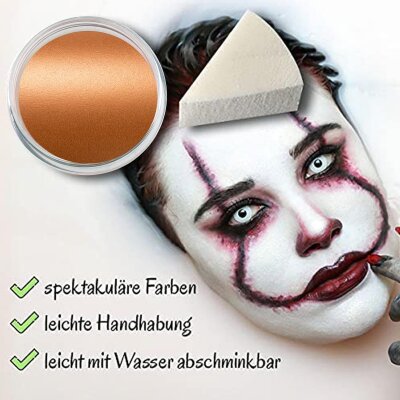 Premium Aquaschminke Kupfer 14 g mit passendem Schminkschwamm – wasseraktivierbare Gesichtsfarbe mit hoher Deckkraft für Halloween Make-up, Karneval, Fasching, Cosplay, Theater, Bühne, Gothic Look, Totenkopf, Skelett, Zombie, Hexe, Vampir, Teufel, Horror
