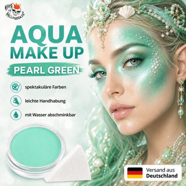 Premium Aquaschminke Pearl Grün 14 g mit passendem Schminkschwamm – wasseraktivierbare Gesichtsfarbe mit hoher Deckkraft für Halloween Make-up, Karneval, Fasching, Cosplay, Theater, Bühne, Gothic Look, Totenkopf, Skelett, Zombie, Hexe, Vampir, Teufel, Hor