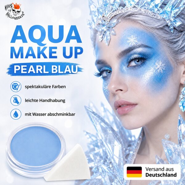 Premium Aquaschminke Pearl Iceblue 14 g mit passendem Schminkschwamm – wasseraktivierbare Gesichtsfarbe mit hoher Deckkraft für Halloween Make-up, Karneval, Fasching, Cosplay, Theater, Bühne, Gothic Look, Totenkopf, Skelett, Zombie, Hexe, Vampir, Teufel,