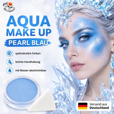 Premium Aquaschminke Pearl Iceblue 14 g mit passendem Schminkschwamm – wasseraktivierbare Gesichtsfarbe mit hoher Deckkraft für Halloween Make-up, Karneval, Fasching, Cosplay, Theater, Bühne, Gothic Look, Totenkopf, Skelett, Zombie, Hexe, Vampir, Teufel,