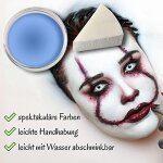 Premium Aquaschminke Pearl Iceblue 14 g mit passendem Schminkschwamm – wasseraktivierbare Gesichtsfarbe mit hoher Deckkraft für Halloween Make-up, Karneval, Fasching, Cosplay, Theater, Bühne, Gothic Look, Totenkopf, Skelett, Zombie, Hexe, Vampir, Teufel,