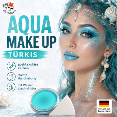 Premium Aquaschminke Türkis 14 g mit passendem Schminkschwamm – wasseraktivierbare Gesichtsfarbe mit hoher Deckkraft für Halloween Make-up, Karneval, Fasching, Cosplay, Theater, Bühne, Gothic Look, Totenkopf, Skelett, Zombie, Hexe, Vampir, Teufel, Horror