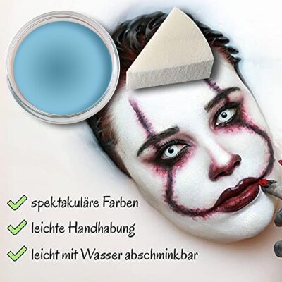 Premium Aquaschminke Türkis 14 g mit passendem Schminkschwamm – wasseraktivierbare Gesichtsfarbe mit hoher Deckkraft für Halloween Make-up, Karneval, Fasching, Cosplay, Theater, Bühne, Gothic Look, Totenkopf, Skelett, Zombie, Hexe, Vampir, Teufel, Horror
