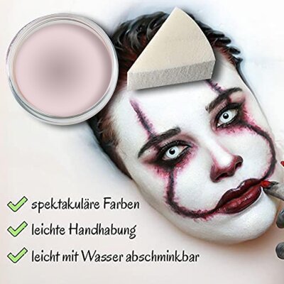Premium Aquaschminke Pearl Pink 14 g mit passendem Schminkschwamm – wasseraktivierbare Gesichtsfarbe mit hoher Deckkraft für Halloween Make-up, Karneval, Fasching, Cosplay, Theater, Bühne, Gothic Look, Totenkopf, Skelett, Zombie, Hexe, Vampir, Teufel, Hor