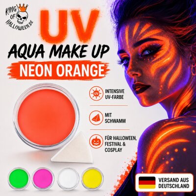 Premium Aquaschminke UV Orange 14 g mit passendem Schminkschwamm – wasseraktivierbare Gesichtsfarbe mit hoher Deckkraft für Halloween Make-up, Karneval, Fasching, Cosplay, Theater, Bühne, Gothic Look, Totenkopf, Skelett, Zombie, Hexe, Vampir, Teufel, Horr