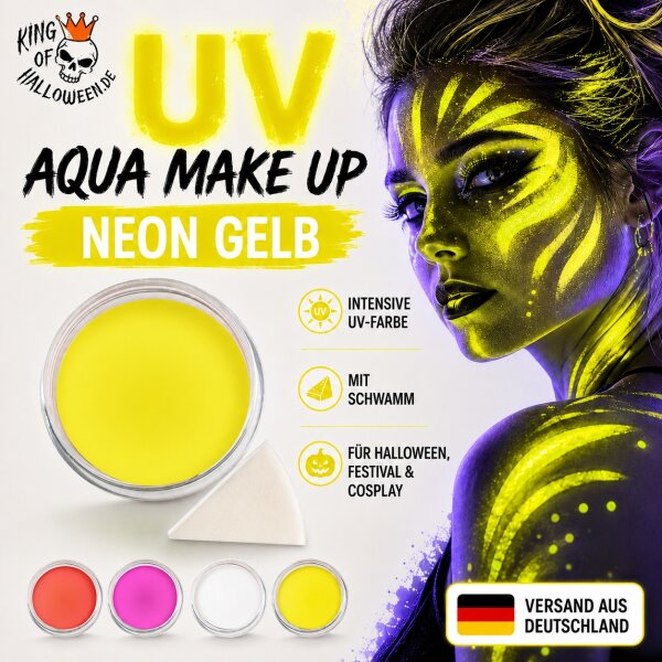 Premium Aquaschminke UV Gelb 14 g mit passendem Schminkschwamm – wasseraktivierbare Gesichtsfarbe mit hoher Deckkraft für Halloween Make-up, Karneval, Fasching, Cosplay, Theater, Bühne, Gothic Look, Totenkopf, Skelett, Zombie, Hexe, Vampir, Teufel, Horror