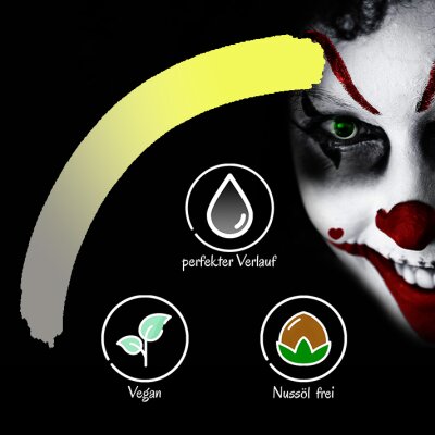 Premium Aquaschminke UV Gelb 14 g mit passendem Schminkschwamm – wasseraktivierbare Gesichtsfarbe mit hoher Deckkraft für Halloween Make-up, Karneval, Fasching, Cosplay, Theater, Bühne, Gothic Look, Totenkopf, Skelett, Zombie, Hexe, Vampir, Teufel, Horror
