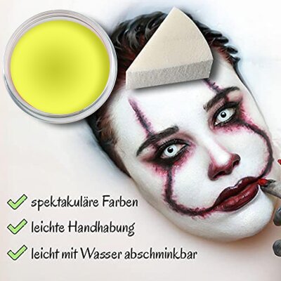 Premium Aquaschminke UV Gelb 14 g mit passendem Schminkschwamm – wasseraktivierbare Gesichtsfarbe mit hoher Deckkraft für Halloween Make-up, Karneval, Fasching, Cosplay, Theater, Bühne, Gothic Look, Totenkopf, Skelett, Zombie, Hexe, Vampir, Teufel, Horror
