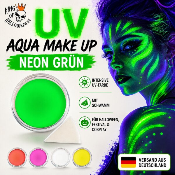 Premium Aquaschminke UV Grün 14 g mit passendem Schminkschwamm – wasseraktivierbare Gesichtsfarbe mit hoher Deckkraft für Halloween Make-up, Karneval, Fasching, Cosplay, Theater, Bühne, Gothic Look, Totenkopf, Skelett, Zombie, Hexe, Vampir, Teufel, Horror