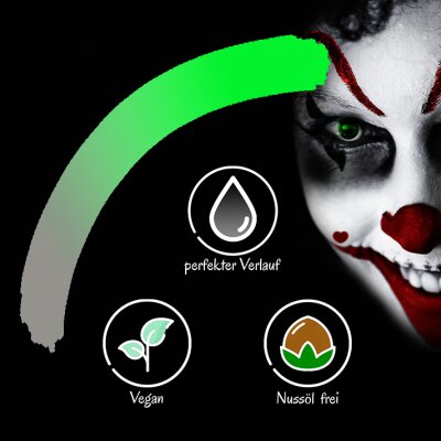 Premium Aquaschminke UV Grün 14 g mit passendem Schminkschwamm – wasseraktivierbare Gesichtsfarbe mit hoher Deckkraft für Halloween Make-up, Karneval, Fasching, Cosplay, Theater, Bühne, Gothic Look, Totenkopf, Skelett, Zombie, Hexe, Vampir, Teufel, Horror