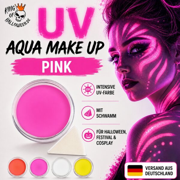 Premium Aquaschminke UV Pink 14 g mit passendem Schminkschwamm – wasseraktivierbare Gesichtsfarbe mit hoher Deckkraft für Halloween Make-up, Karneval, Fasching, Cosplay, Theater, Bühne, Gothic Look, Totenkopf, Skelett, Zombie, Hexe, Vampir, Teufel, Horror