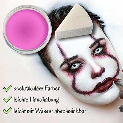 Premium Aquaschminke UV Pink 14 g mit passendem Schminkschwamm – wasseraktivierbare Gesichtsfarbe mit hoher Deckkraft für Halloween Make-up, Karneval, Fasching, Cosplay, Theater, Bühne, Gothic Look, Totenkopf, Skelett, Zombie, Hexe, Vampir, Teufel, Horror