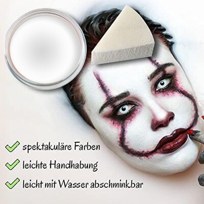 Premium Aquaschminke UV Weiß 14 g mit passendem Schminkschwamm – wasseraktivierbare Gesichtsfarbe mit hoher Deckkraft für Halloween Make-up, Karneval, Fasching, Cosplay, Theater, Bühne, Gothic Look, Totenkopf, Skelett, Zombie, Hexe, Vampir, Teufel, Horror