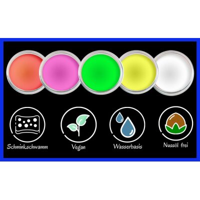 Premium Aquaschminke UV Weiß 14 g mit passendem Schminkschwamm – wasseraktivierbare Gesichtsfarbe mit hoher Deckkraft für Halloween Make-up, Karneval, Fasching, Cosplay, Theater, Bühne, Gothic Look, Totenkopf, Skelett, Zombie, Hexe, Vampir, Teufel, Horror