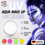 Premium Aquaschminke UV Weiß 14 g mit passendem Schminkschwamm – wasseraktivierbare Gesichtsfarbe mit hoher Deckkraft für Halloween Make-up, Karneval, Fasching, Cosplay, Theater, Bühne, Gothic Look, Totenkopf, Skelett, Zombie, Hexe, Vampir, Teufel, Horror