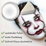 Premium Aquaschminke UV Weiß 14 g mit passendem Schminkschwamm – wasseraktivierbare Gesichtsfarbe mit hoher Deckkraft für Halloween Make-up, Karneval, Fasching, Cosplay, Theater, Bühne, Gothic Look, Totenkopf, Skelett, Zombie, Hexe, Vampir, Teufel, Horror