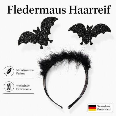 Fledermaus Haarreif Schwarz mit Federn & 2...
