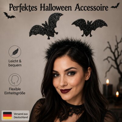 Fledermaus Haarreif Schwarz mit Federn & 2 Wackel-Fledermäusen – Glitzer Halloween Kopfschmuck, Flexible Einheitsgröße, Unisex für Vampir Kostüm, Karneval, Fasching & Mottoparty