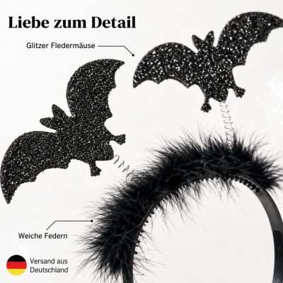 Fledermaus Haarreif Schwarz mit Federn & 2 Wackel-Fledermäusen – Glitzer Halloween Kopfschmuck, Flexible Einheitsgröße, Unisex für Vampir Kostüm, Karneval, Fasching & Mottoparty