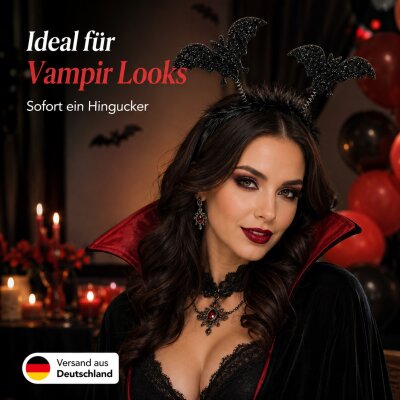 Fledermaus Haarreif Schwarz mit Federn & 2 Wackel-Fledermäusen – Glitzer Halloween Kopfschmuck, Flexible Einheitsgröße, Unisex für Vampir Kostüm, Karneval, Fasching & Mottoparty