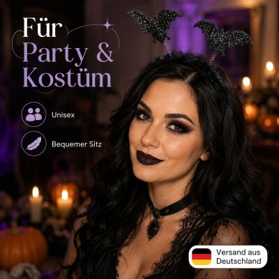 Fledermaus Haarreif Schwarz mit Federn & 2 Wackel-Fledermäusen – Glitzer Halloween Kopfschmuck, Flexible Einheitsgröße, Unisex für Vampir Kostüm, Karneval, Fasching & Mottoparty