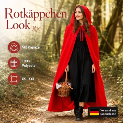Roter Halloween Umhang mit Kapuze – 100% Polyester,...